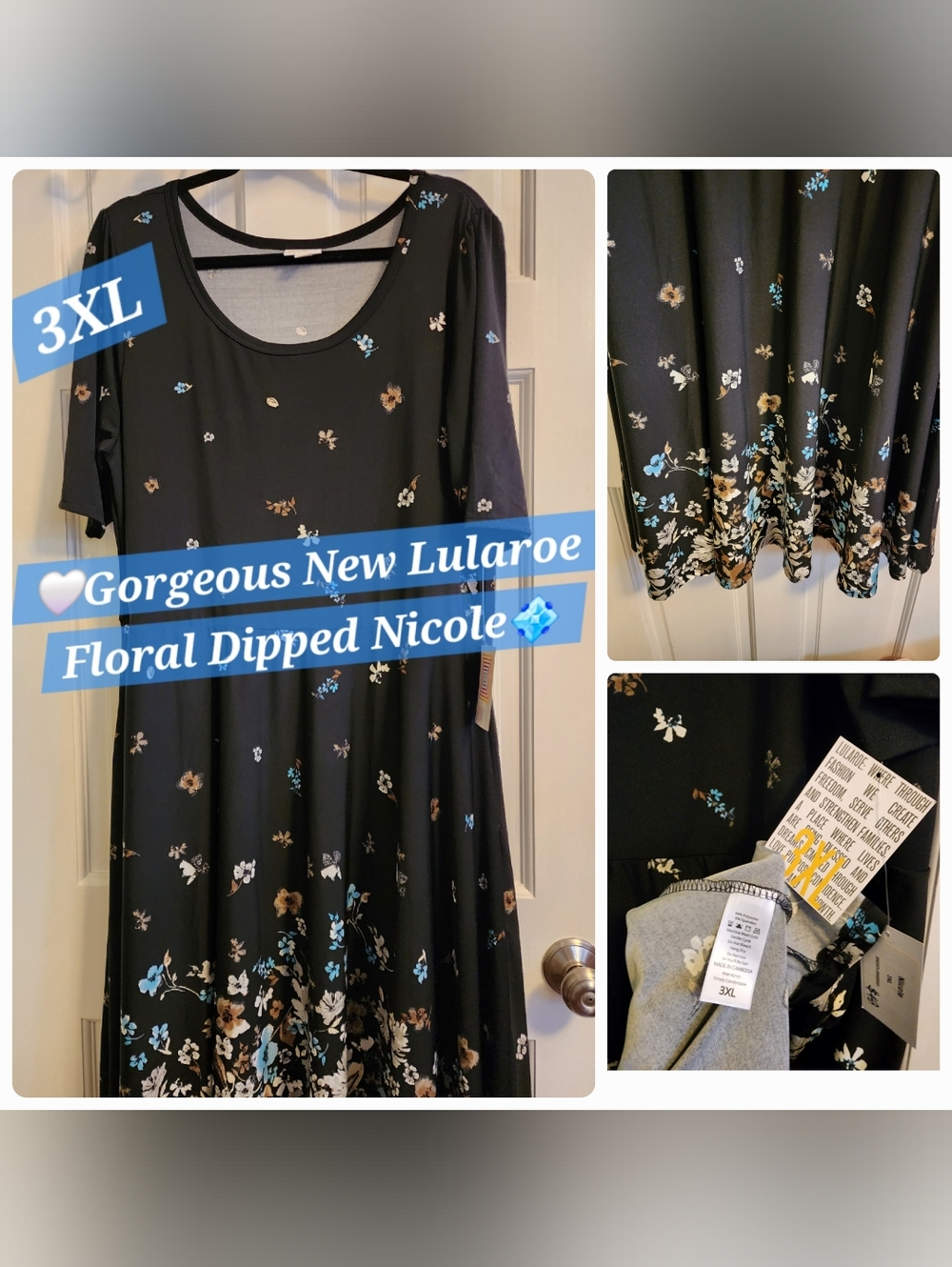 Lularoe Nicole Dress Floral 3x 3xl Roses Black New Plus Rare Unicorn Dipped 2x